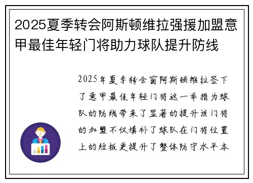 2025夏季转会阿斯顿维拉强援加盟意甲最佳年轻门将助力球队提升防线